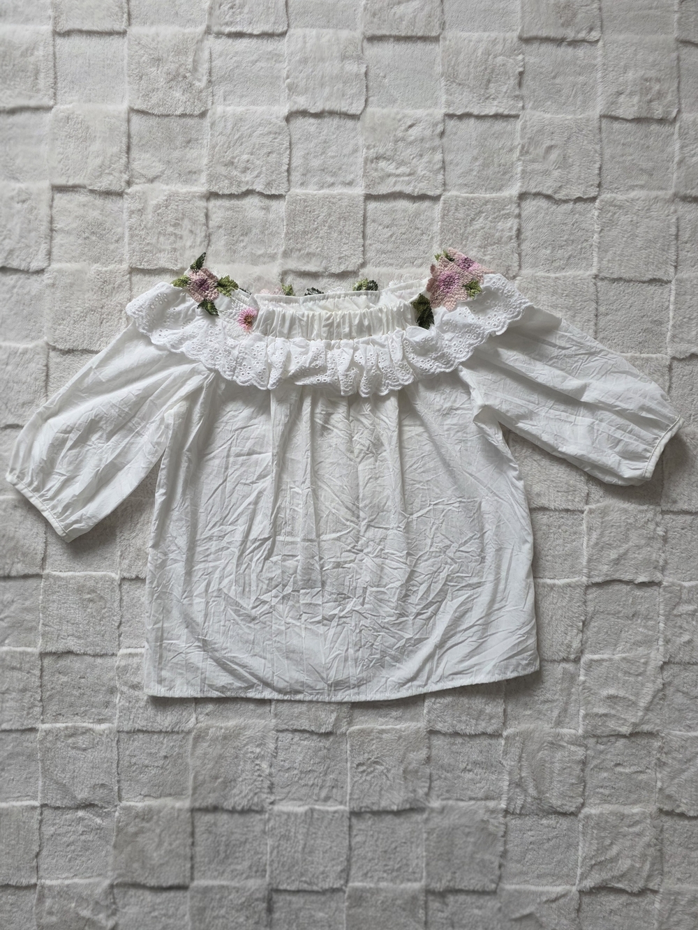White Off-Shoulder Blouse with Pink Floral Embroidery - Picture 3 of 3